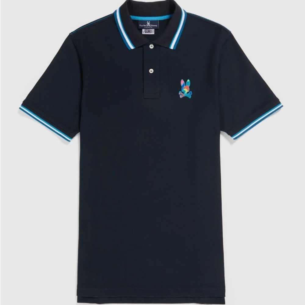 Psycho Bunny Hilsboro striped trim /Navy Polo Boys Size Medium 10/12